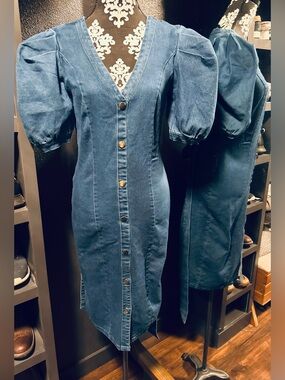 Jealous Tomato Denim Button-Front Puff Sleeve Dress - Blue